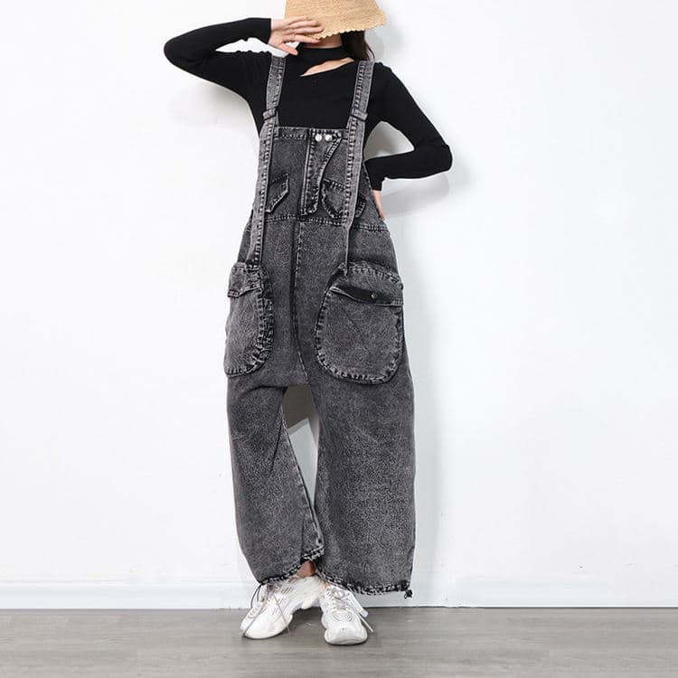 American High Waist Overalls Jeans Loose Large Pockets Jumpsuit Wide Pants Denim Back Pants