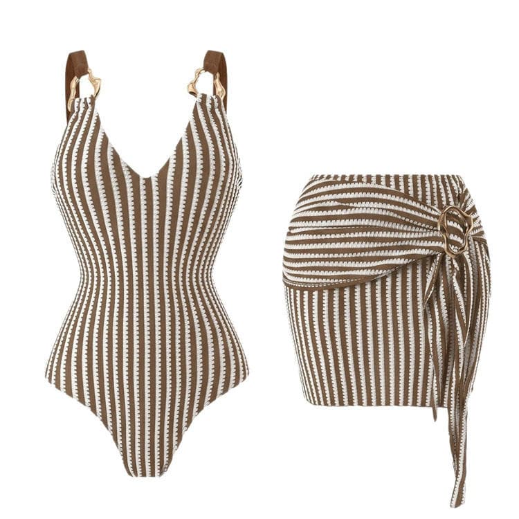 2027 New Women Swimwear Two Piece Set Striped Swimsuit Set for the Beach Bikini One Piece and Skirt Bikini Set