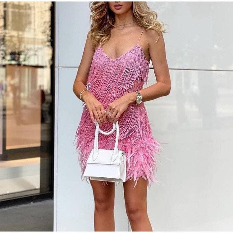Fashion 2023 New Dress Sequined Feathers Tassel Skirt Sexy v Neck Halter Skirt Birthday Party Womens Evening Dress