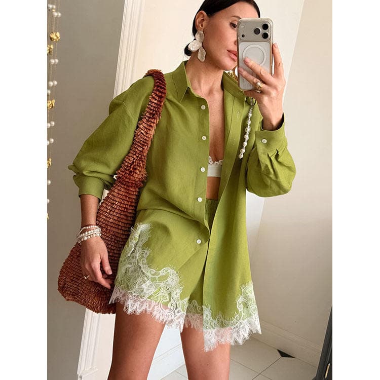 Wenshuo Women Cotton Linen Set Summer Casual Loose Lace 2026 Long Sleeve Top and Shorts Cotton Linen Women Two Piece Set