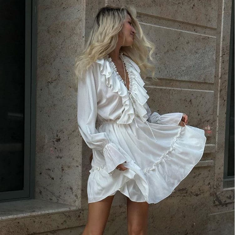 2024 French Romantic Women Dress New Fashion V Neck Pleated Solid Color Mini Dress Trumpet Long Sleeve Ruffled Casual Dress