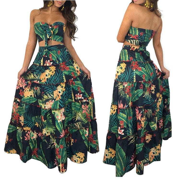 Classic Print Tube Top Dresses Suit Two Piece Plant Print Beach Dresses