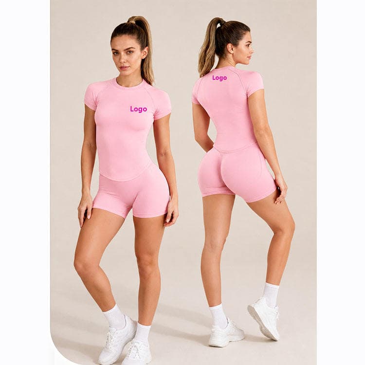 90 Nylon 10 Spandex Seamless Activewear Short Sleeve Tummy Control T-shirt and Butt Lift Shorts Yoga Set