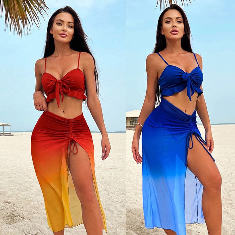 Red Blue Bow Tie Sexy Bikini 3 Piece Set 2024 New Gradient Color Backless Swimsuit Set
