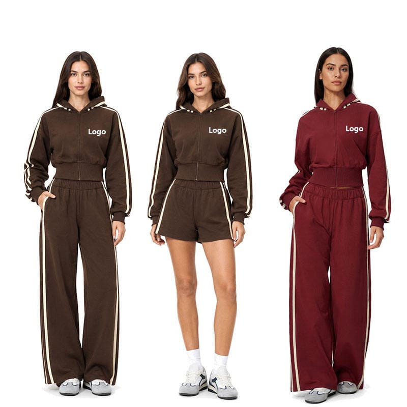 Fall Winter Women Contrast Color Thick Warm Loose Fit Sports Suit Striped Tracksuit Hooded Sweatshirt Wide Leg Pants Set
