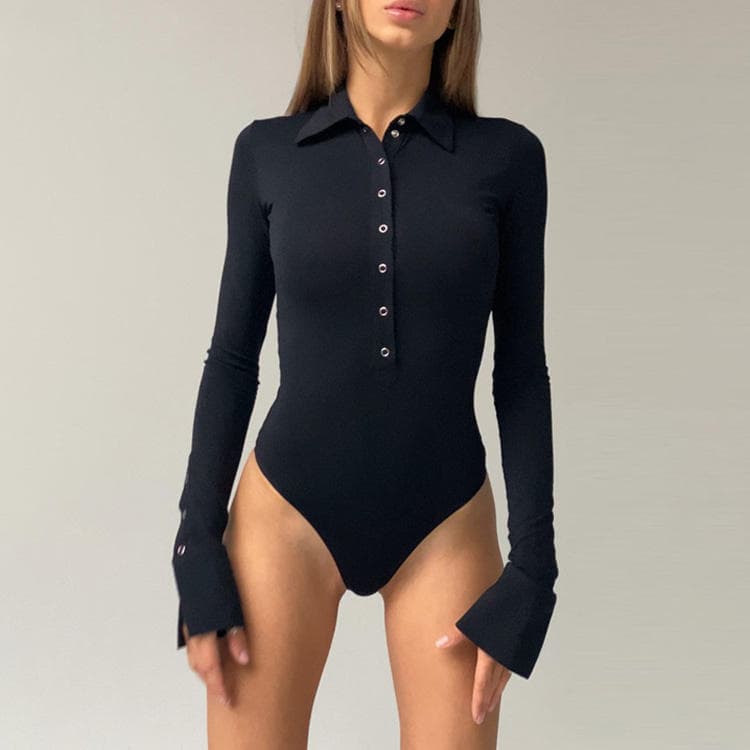 Autumn New Style Women Sexy Button Neckline One Piece Suit Long Sleeved Jumpsuit