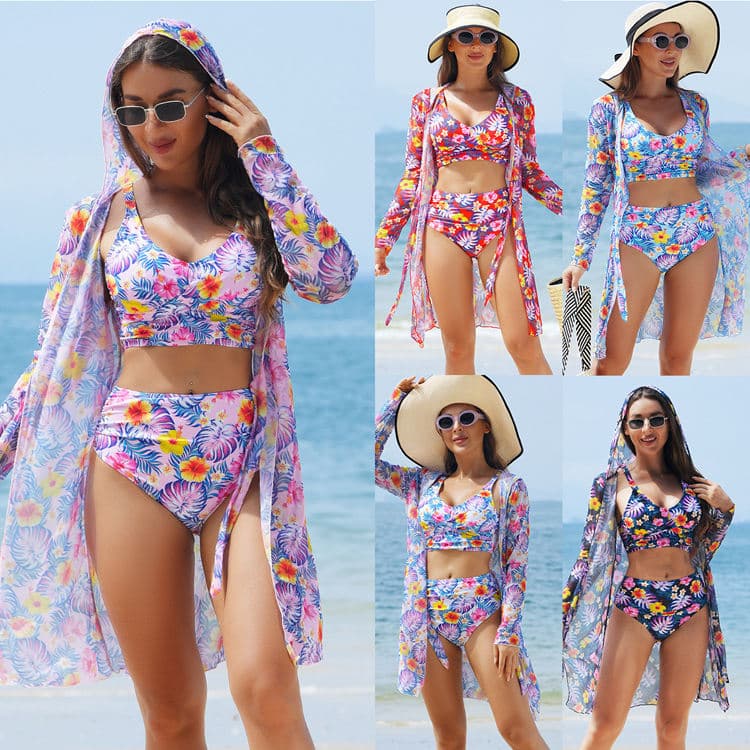 New Fashionable High End Bikini Hooded Cover up Three Piece Swimsuit Sexy Tropical Printed Bikini