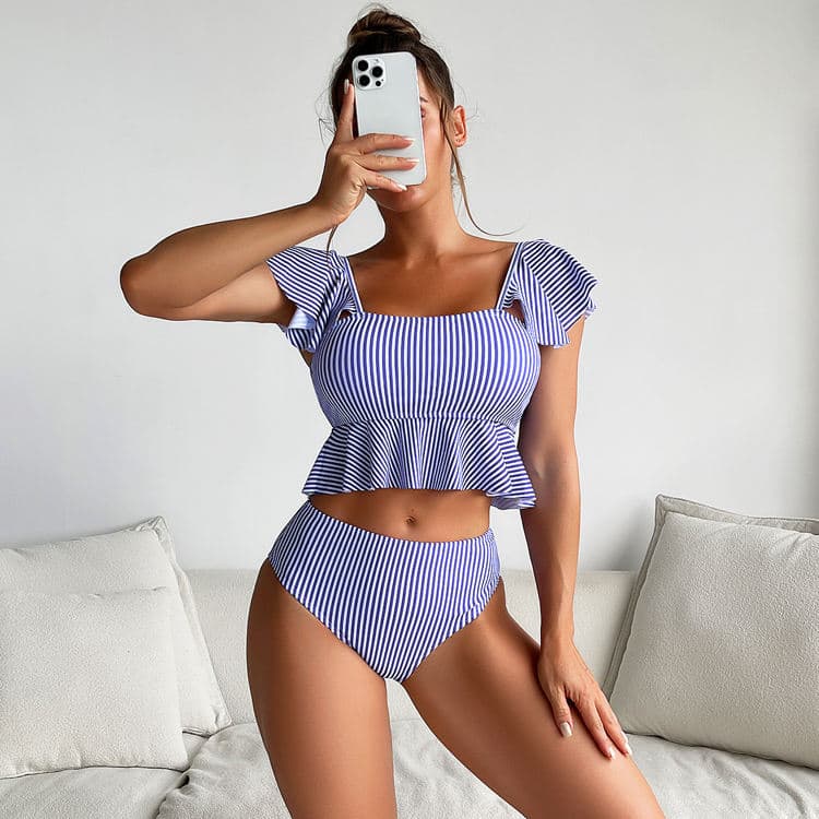2023 New Bikini Striped Ruffle High Waist Sexy Backless Bikini Swimsuit