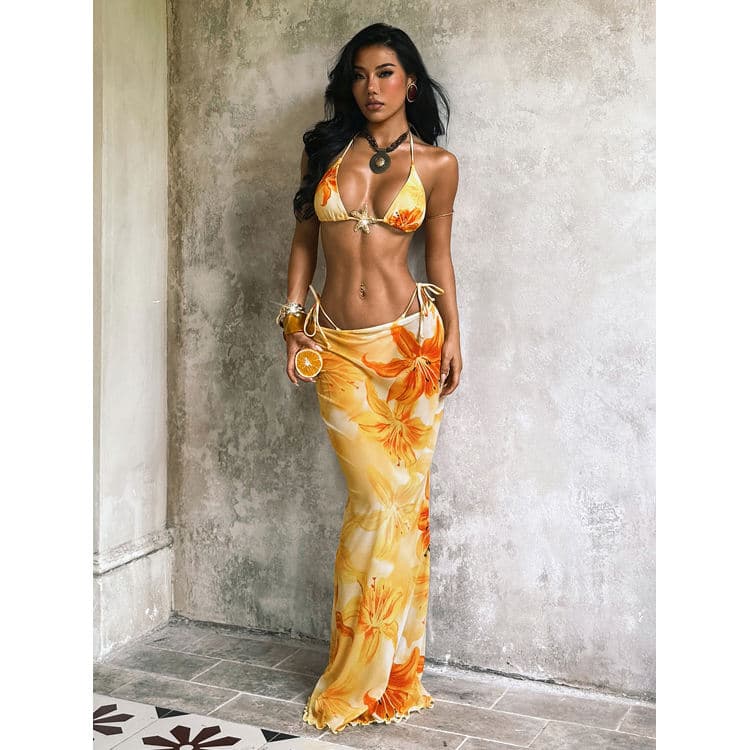 Wholesale 2027 New Floral Print Swimsuit Sexy Three Piece Beach Bikini Set for Women