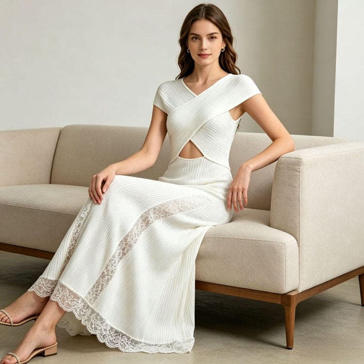 Wenshuo Elegant Slim Long Knit Dress Cross Neck Hollow Lace Patchwork Women Casual Dress Solid Color Fashion Dress for Women