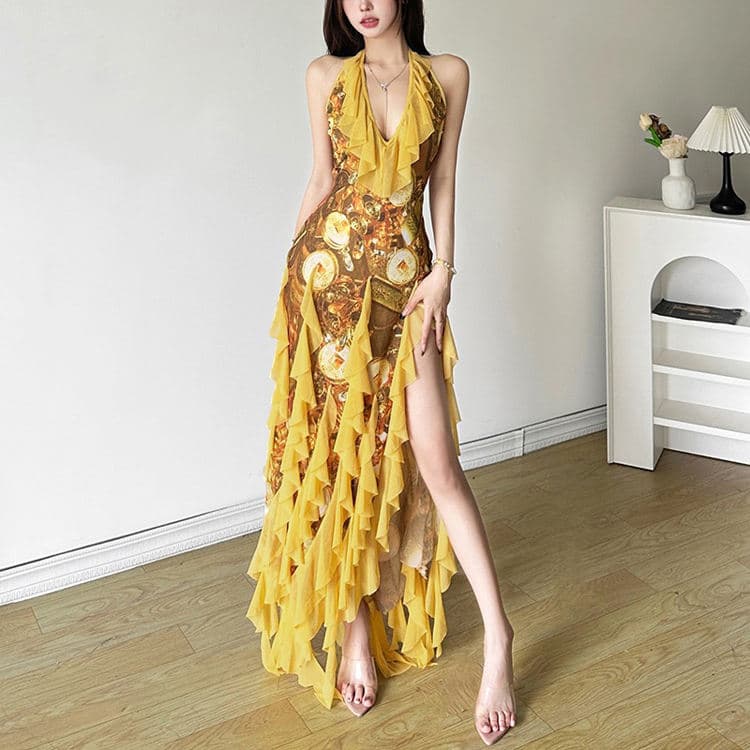 Wenshuo Mesh Ruffle Dress Wholesale Halter Resort Dress Custom logo Split Maxi Dress Factory Directly