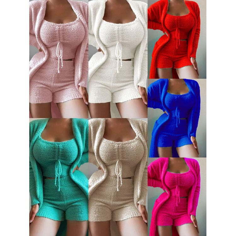 New Plush Three Piece Home Suit Lace up Pajama Set Casual Set Solid Color Home Suit