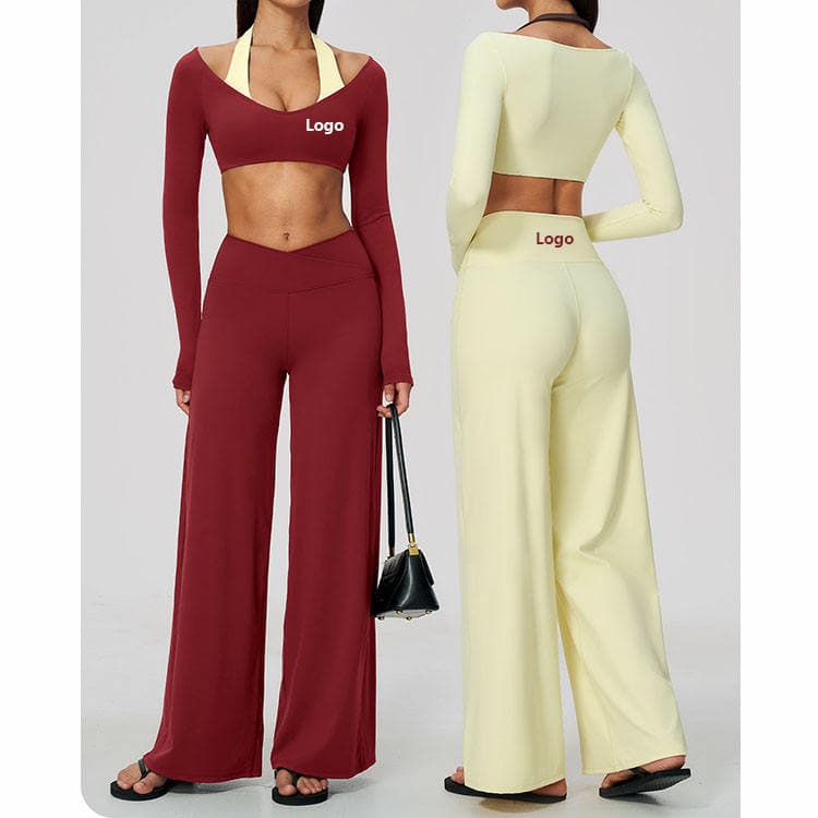 Fall Winter Workout Set Block Color Long Sleeves Top and High Waist Wide Leg Pants 2 in 1 Yoga Set
