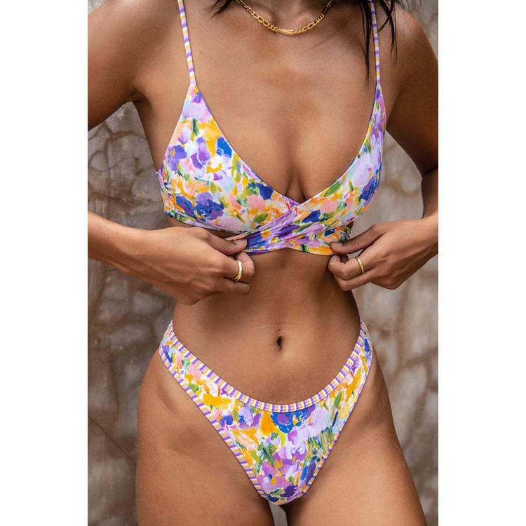 New Floral Print Bikini Sexy Swimwear Cross Bandage Swimsuit for Women
