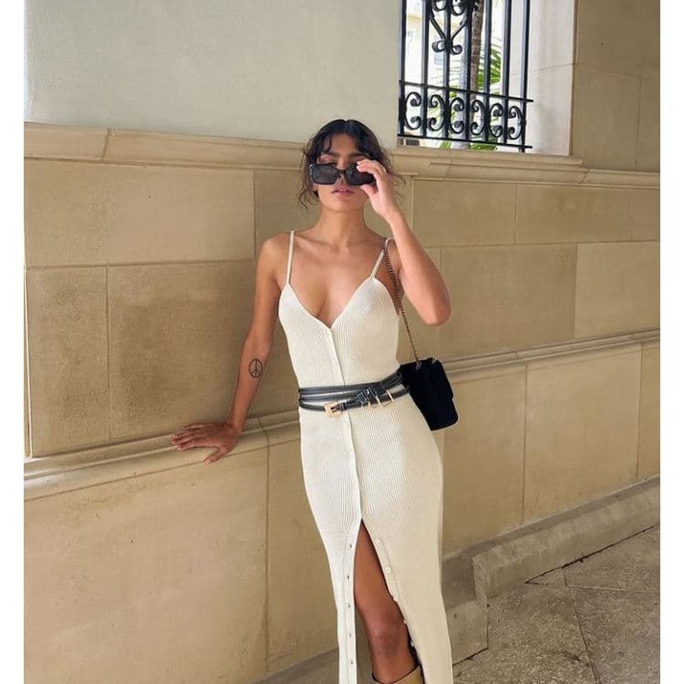 New Single Breasted Dresses V-neck Sexy Suspender Slit Slim Dresses
