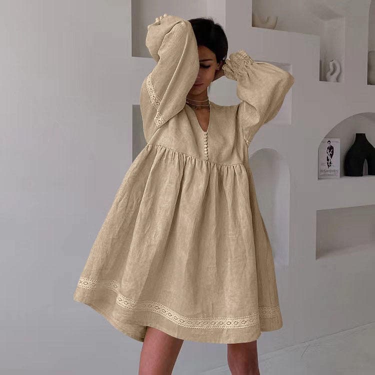 Wenshuo Casual Lantern Sleeve Dress Wholesale Loose V-neck Dress Custom logo Summer Short Dress Factory Directly