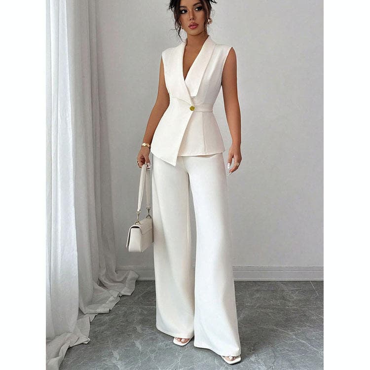 Wenshuo Sleeveless V Neck Top Wholesale Solid Color Trousers Custom logo Simple Casual Set Factory Direct