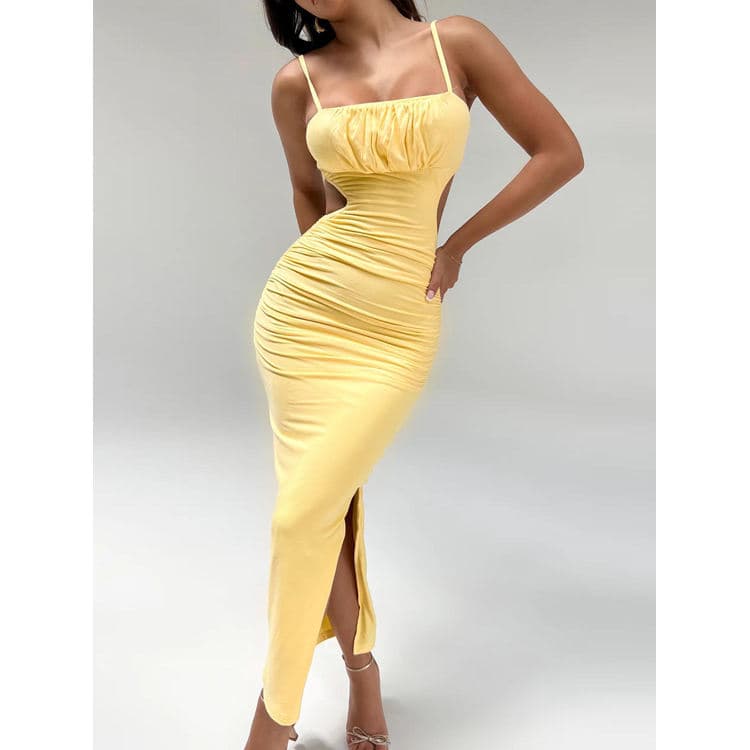High Quality Backless Pleated Causal Dress Hollow Hip Side Slit Spaghetti Strip Dress Sexy Dress Wholesale