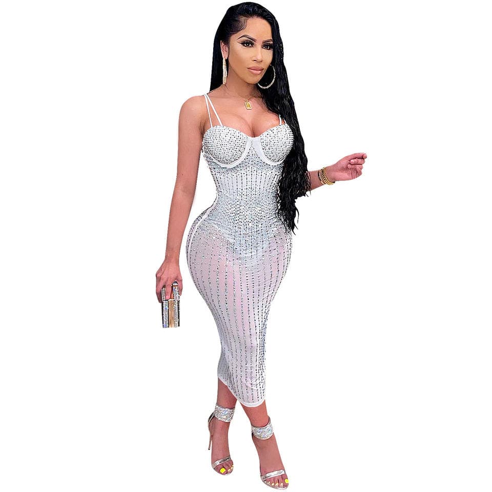 2023 Fashion Club Shiny Dress v Neck Halter Skirt Gauze Translucent Diamond Sexy Skirt Ladies Sexy Club Dress