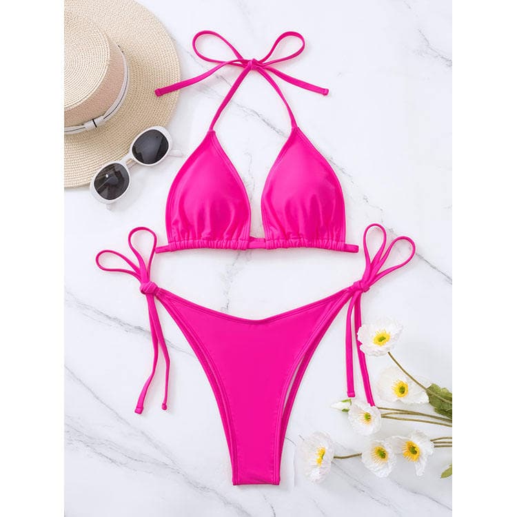 2023 New Cute Triangle Cup Straps Backless Solid Color Two Pieces Bikini Women Swimsuit Swimwear