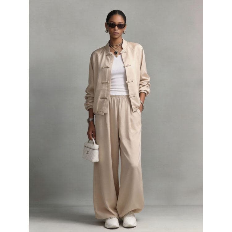 Wenshuo 2026 Satin Two Piece Set Chinese Style Frog Button Top and Elastic Wide Leg Pants Casual Set High Quality