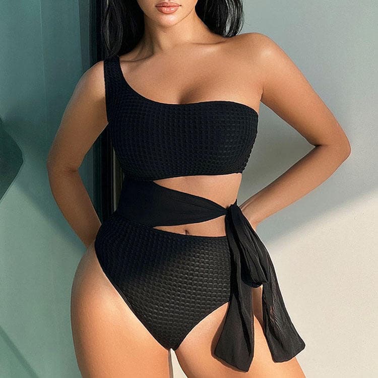 Hot Selling Black One Piece Swimsuit Hollow Out Sexy Strap One Shoulder Bikini 2024 Summer Women Solid Bikini Swimwear