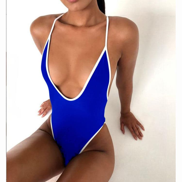 Simple Solid Color Deep V Sexy Bikini Triangle One Piece Beach Swimsuit