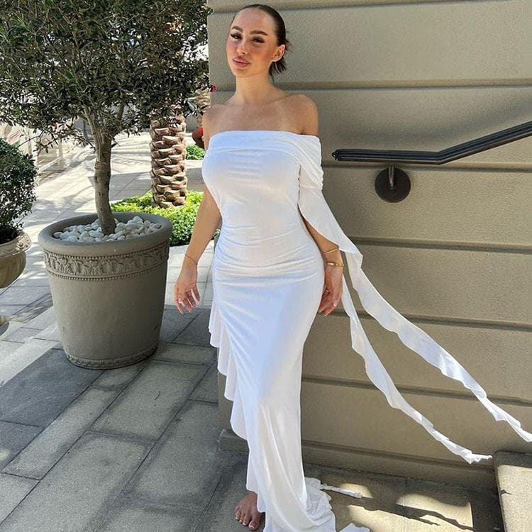 New 2023 Sexy Silk Dress off Shoulder Ruffle Dress Women Lady Elegant Solid Color Bodycon Dress