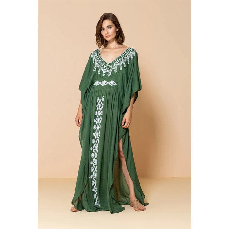 Wholesaler Loose Rayon Embroidery Holiday Long Dress Women Bikini Sun Shirt Beach Sexy Cover up