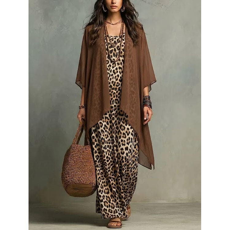 Wenshuo Retro Leopard Dress Wholesale Casual Loose Dress Custom logo Chiffon Dress Set Factory Directly
