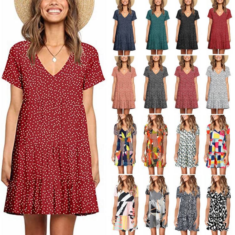 2023 Women's Explosive V-neck Short Sleeve Layered Printed Pocket Dress