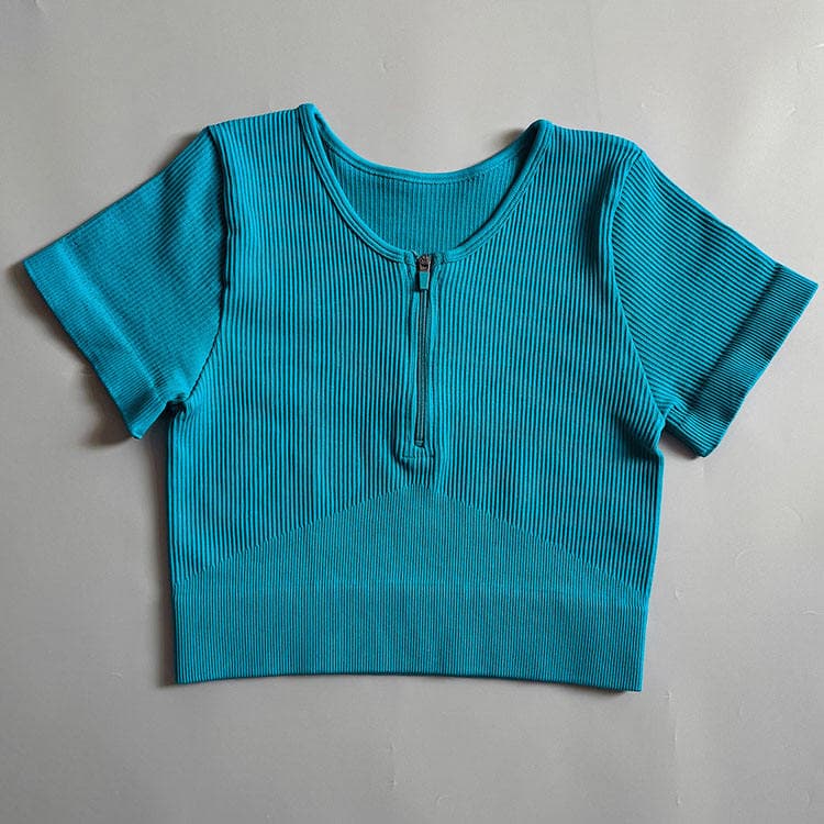 New Seamless Ribbed Short High Elastic Solid Color Women Summer Short Sleeve Tight Yoga Wear