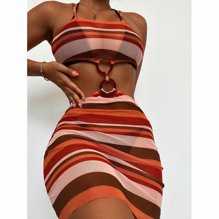 Hot Sale Orange Striped Three Piece Swimsuit Suit Ring Connection Personality Bikini