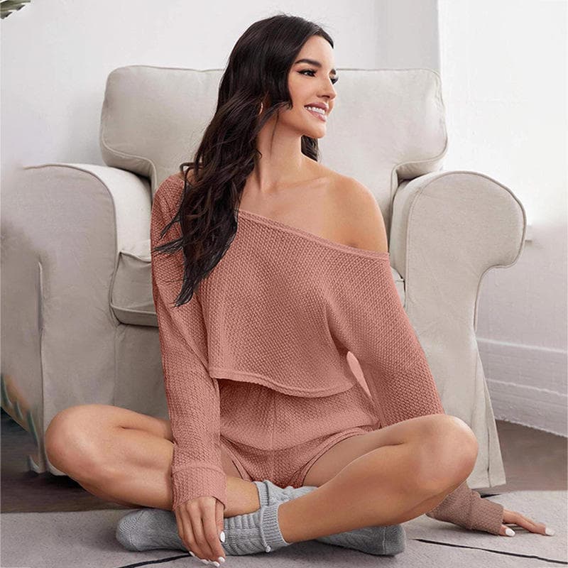 Off Shoulder Suspender Pajamas Manufacturer Knitted Shorts Factory Directly Pure Color Soft Women Suit