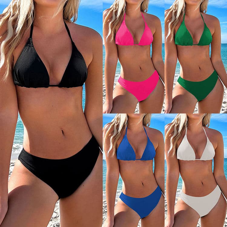 2024 Triangle Thong Brief Cut Black 2 Piece Bikini Top Tie Back Sexy Basic Style Swimsuit for Women