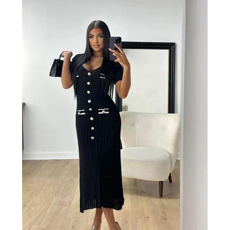 2024 Summer Womens New Short Sleeve V Neck Dress Button Elegant Dress Solid Color Women Knit Dress