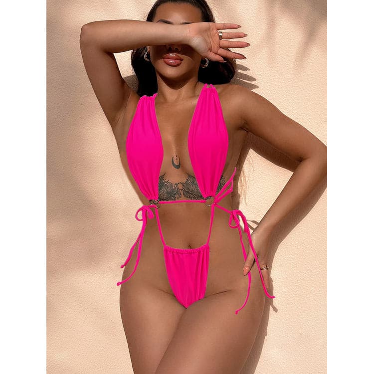 Wholesale Custom One Piece Solid Color Cross Sexy Triangle Thong Bikini Swimsuit