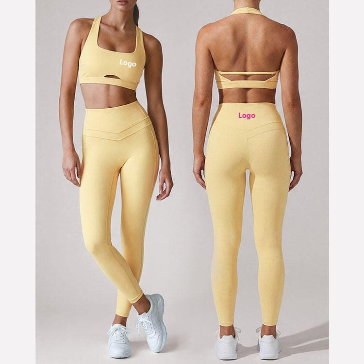 Custom Logo Nylon Spandex Pilates Training Yoga Wear High Elastic Bra and High Waist Legging 2 Piece Yoga Set