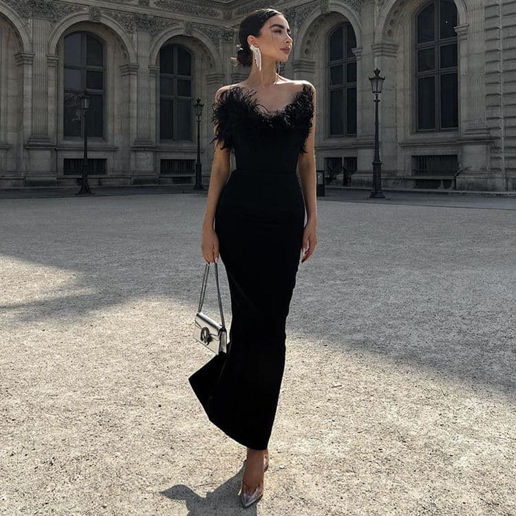 Fall New Strapless Dress V Neck Feather Evening Dresses Solid Color Buttocks Wrapped Fishtail Dresses
