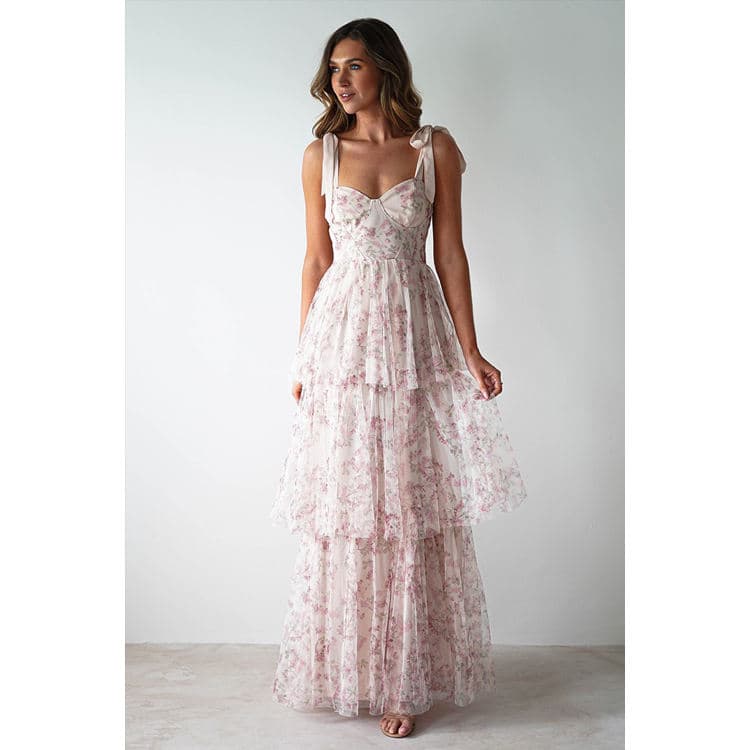 Factory Direct Fashionable Dresses Sexy Spaghetti Strap Backless Dress Pastel Pink Floral Print Dress for Women