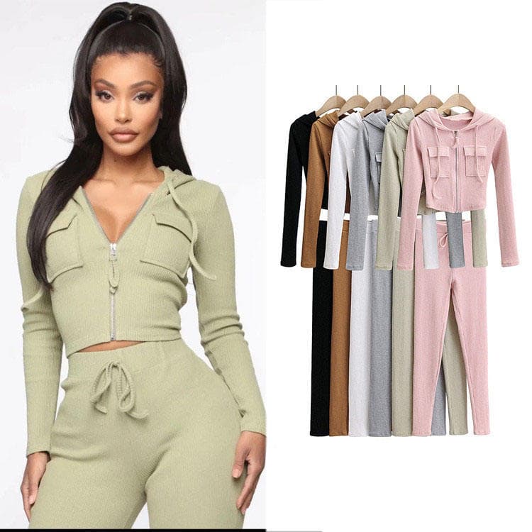 Casual Simple Sports With Pocket Jacket Drawstring Trousers Fashion Two Piece Suit Women Early Autumn Solid Color Ribbing Suit