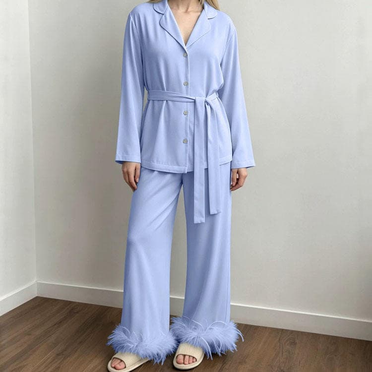 Wenshuo Feather Kimono Loungewear Wholesale Women Summer Pajamas Custom logo Long Sleeve Pajamas Factory Directly