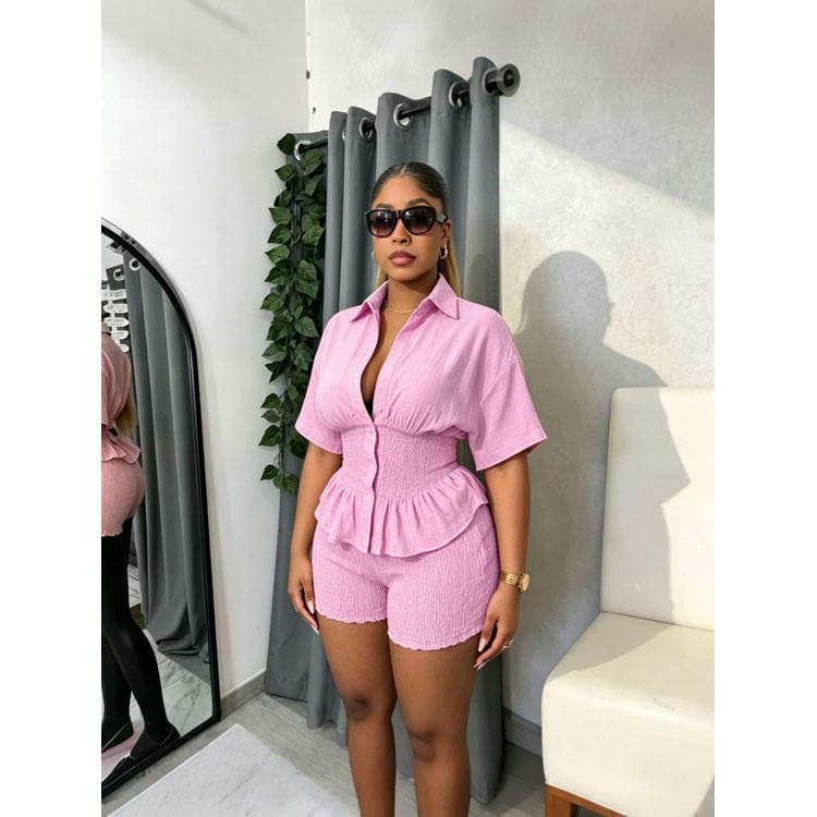 Wenshuo Short Sleeve Fitted Shirt Wholesale Simple Solid Color Top Custom logo Casual Ruffled Suit Factory Directly