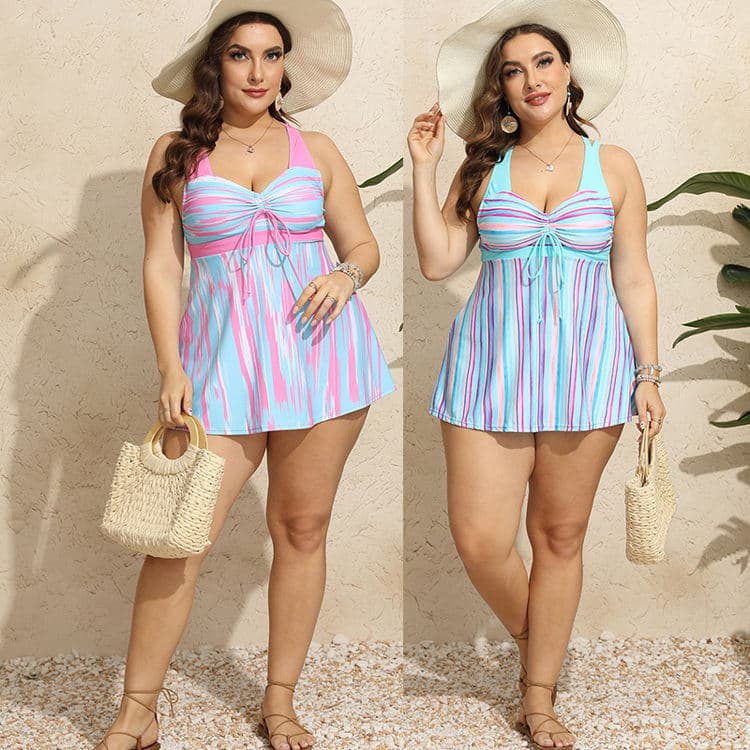 Cute Loose Sexy Blue Striped Swimsuit Big Size Flat Pant Plus Size Swimsuit Summer Holiday Beach Bikini