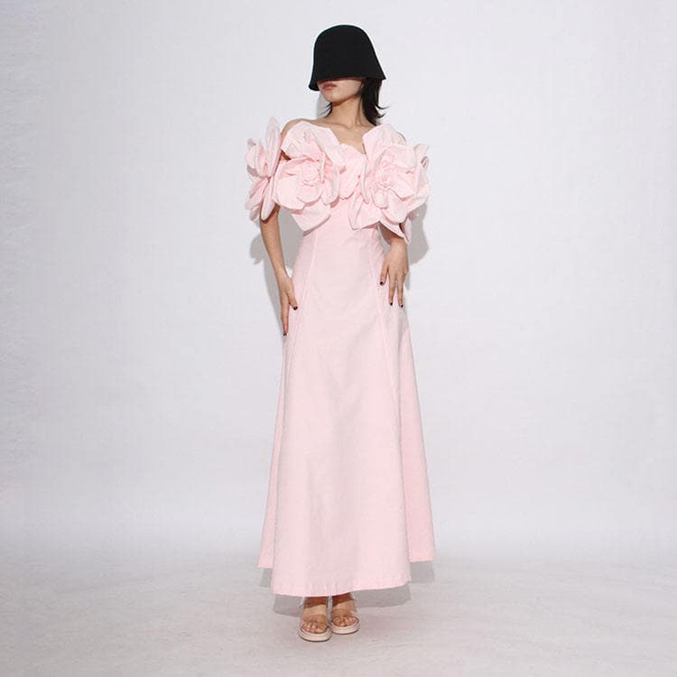 Wenshuo Women Summer 2026 Off Shoulder Waist Dress with 3D Flower Backless Solid Color Women Evening Dress