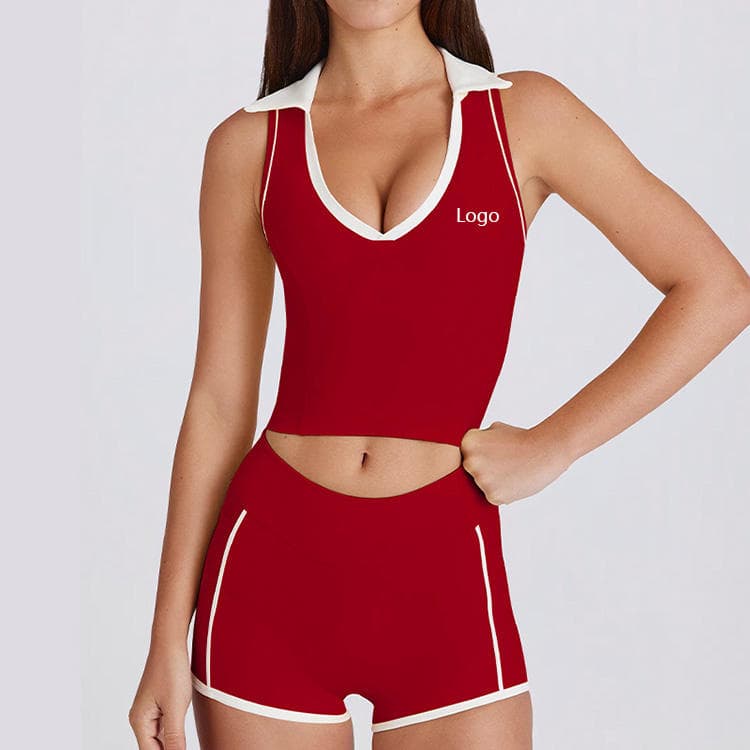 Sleeveless Running Sports Pilates Fitness V-Neck Top Vest with Chest Pad Contrast Color Polo Yoga Set