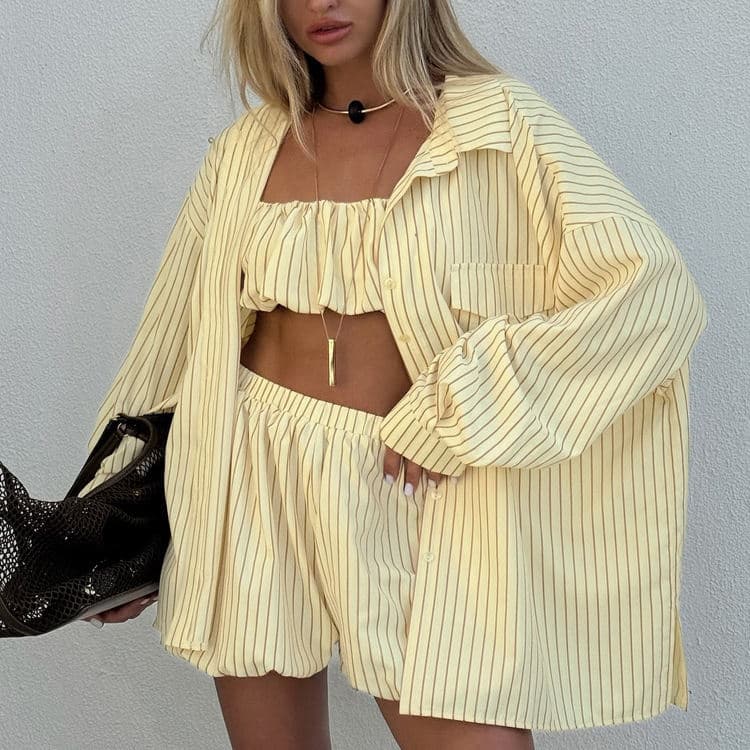Wenshuo Casual Fashion Crop Top Wholesale Loose Shorts Custom logo Striped Three Piece Set Factory Directly