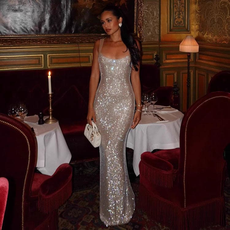 Wenshuo Rhinestone Dress Wholesale Slip Party Dress Custom logo Backless Evening Gown Factory Directly