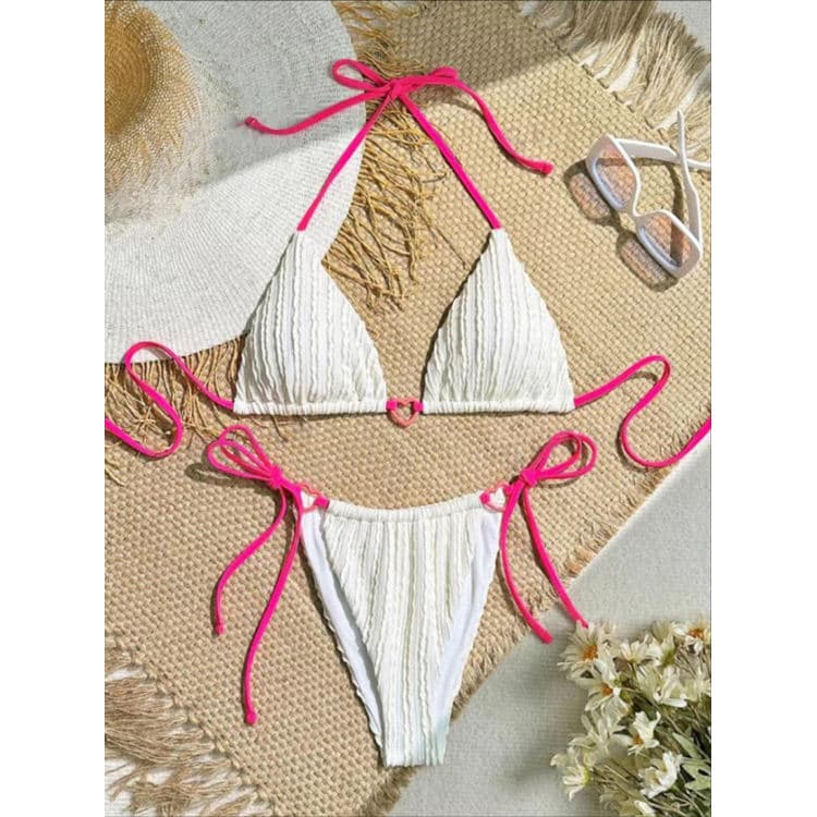 2025 New Sexy Bikini White Drawstring Strap Swimsuit Girls Swimwear
