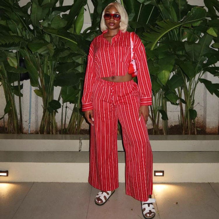Wenshuo Long Sleeve Cropped Shirt Wholesale Loose Drawstring Trousers Custom logo Striped Workwewear Suit Factory Directly